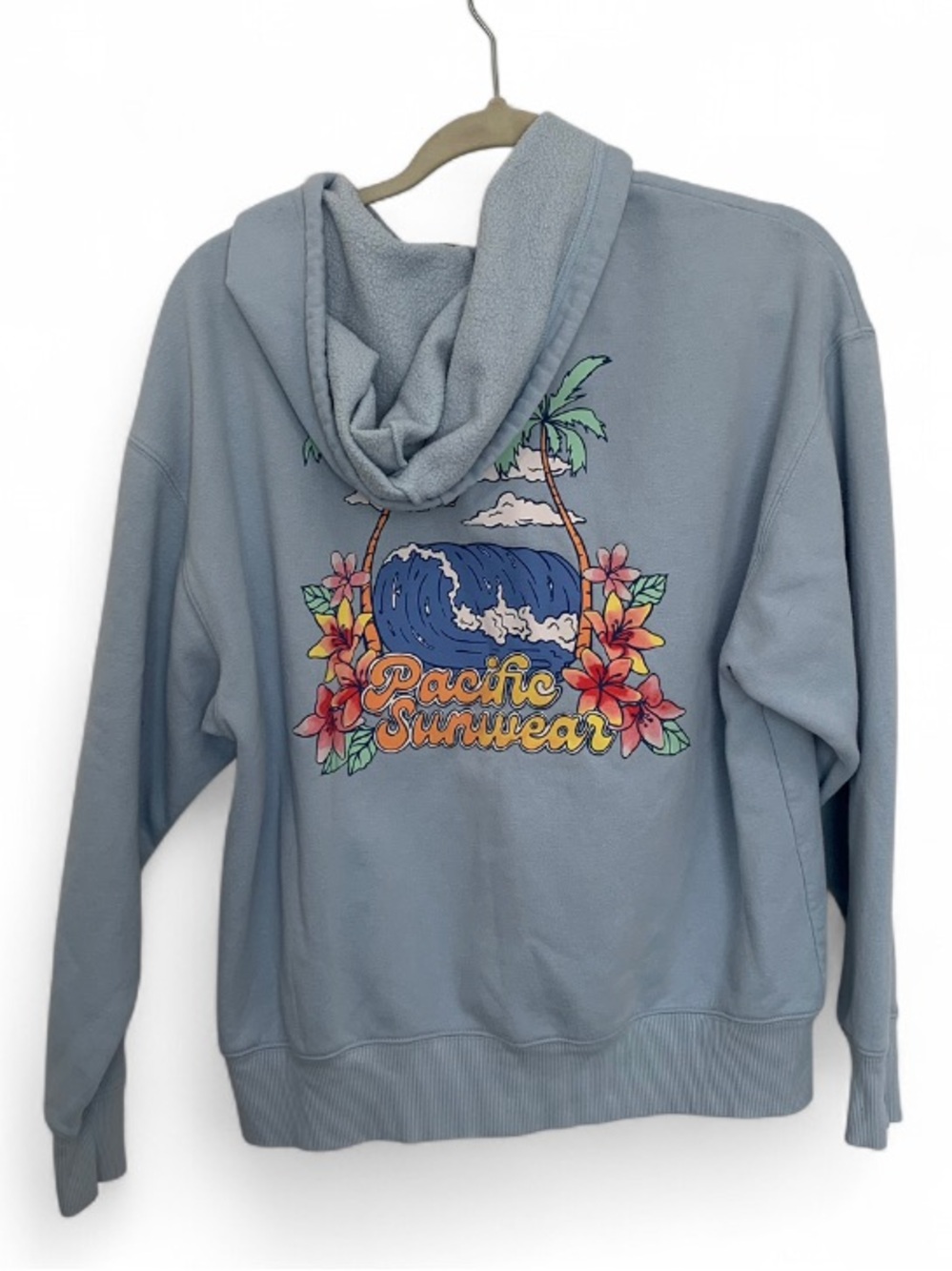 Pacific Sunwear Pastel Blue Tropical Graphic Hoodie Sweatshirt